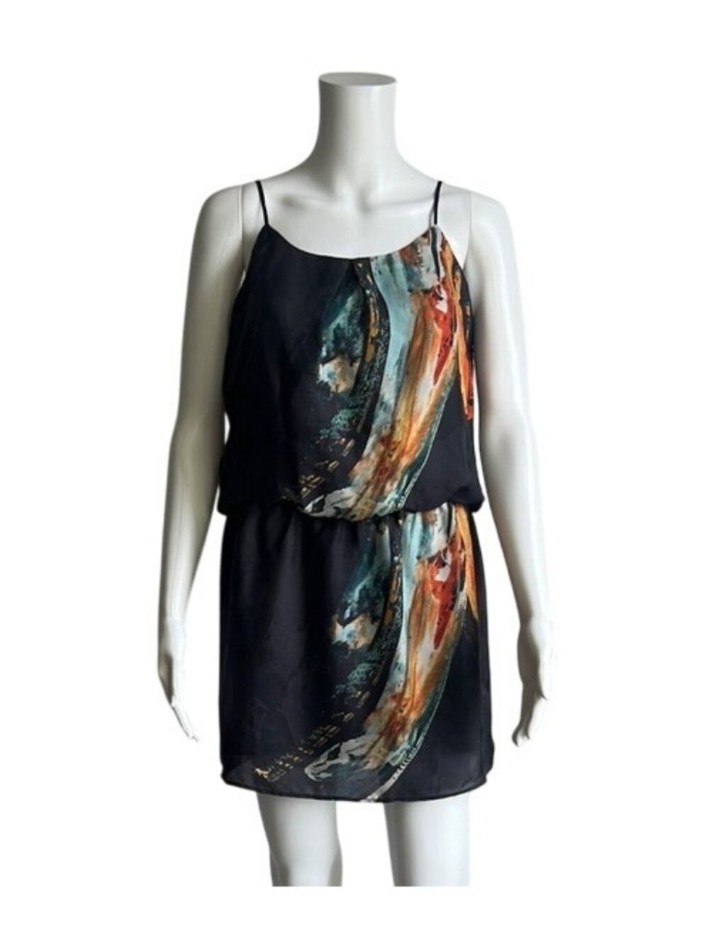 Krisa Smocked Cami Mini Dress 100% Silk Black Marble